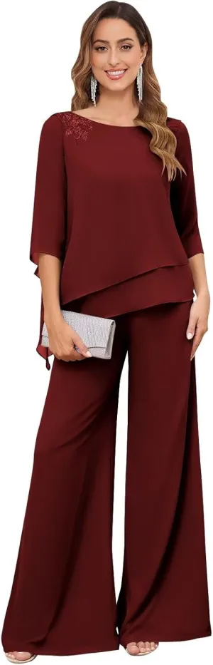 2 Pieces Mother of The Bride Pant Suits for Wedding Dressy Chiffon Lace Sequin Formal Wedding Guest Outfit