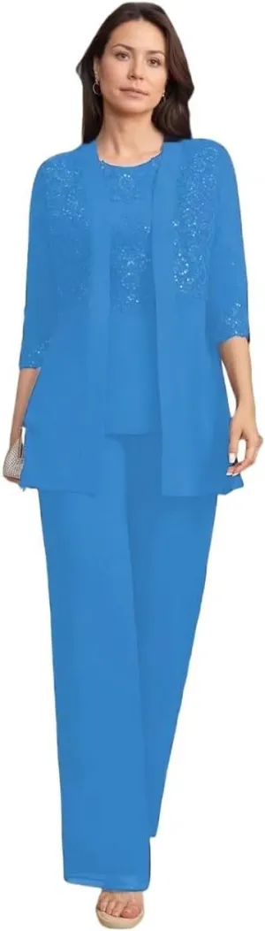3 Pieces Mother of The Bride Pant Suits for Wedding Chiffon Dressy Pantsuits for Women Evening Party with Jacket