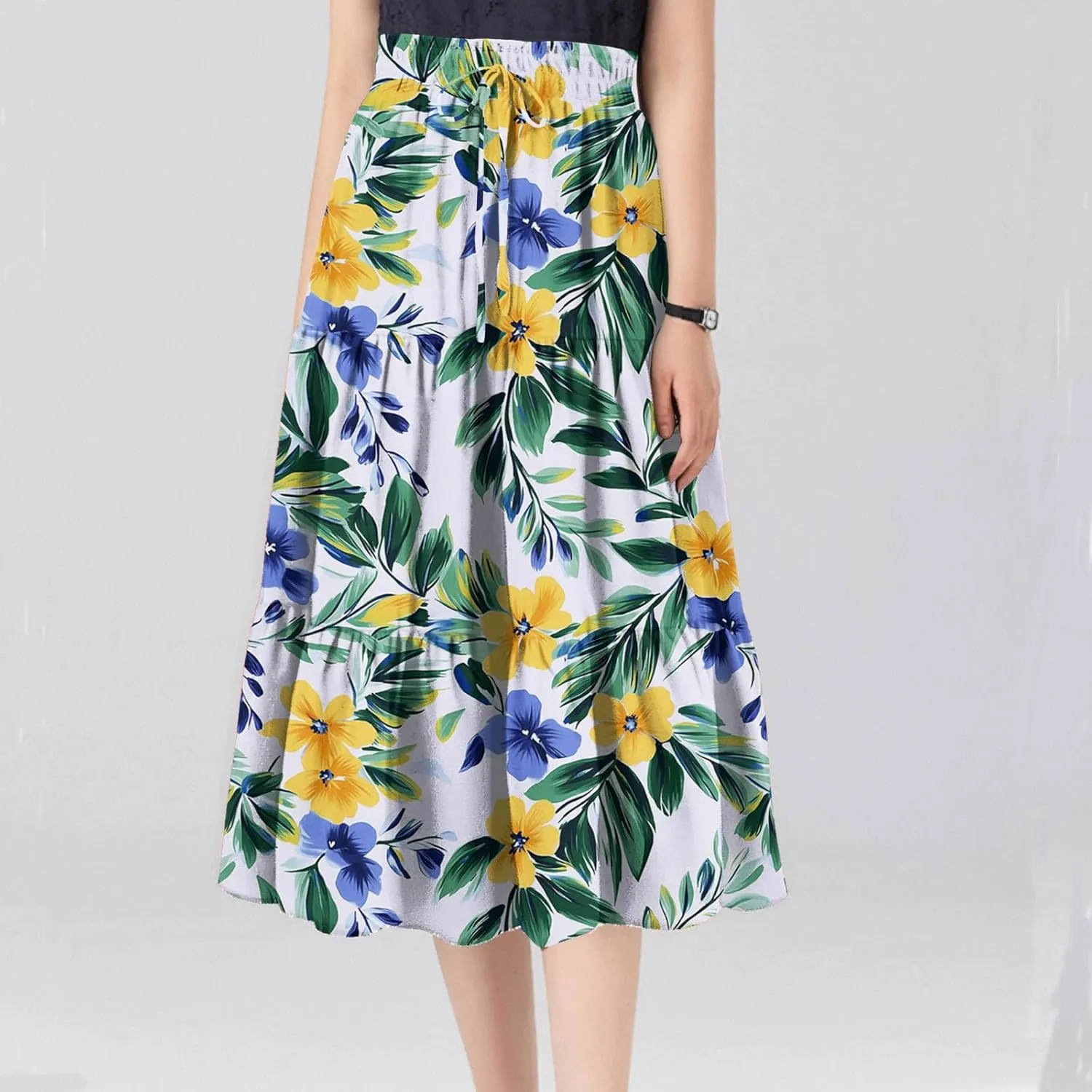 ADHOWBEW Floral Maxi Skirt for Women Trendy Flowy Sexy Elastic Waist High Waist Cotton Bohemian Skirts