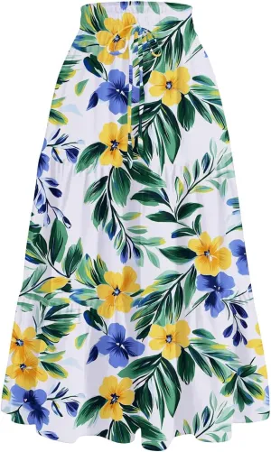 ADHOWBEW Floral Maxi Skirt for Women Trendy Flowy Sexy Elastic Waist High Waist Cotton Bohemian Skirts