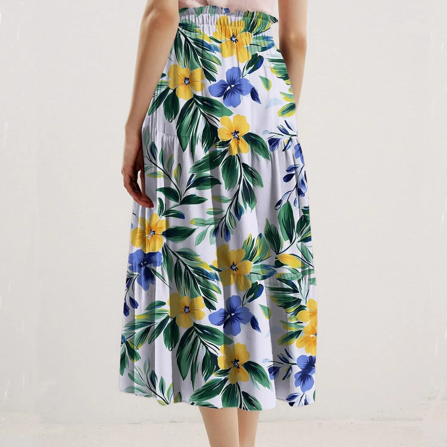 ADHOWBEW Floral Maxi Skirt for Women Trendy Flowy Sexy Elastic Waist High Waist Cotton Bohemian Skirts