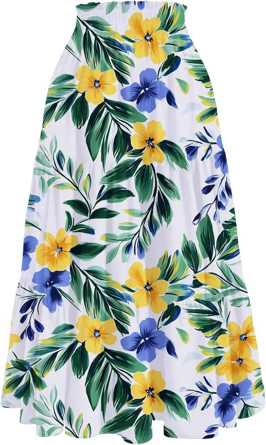 ADHOWBEW Floral Maxi Skirt for Women Trendy Flowy Sexy Elastic Waist High Waist Cotton Bohemian Skirts