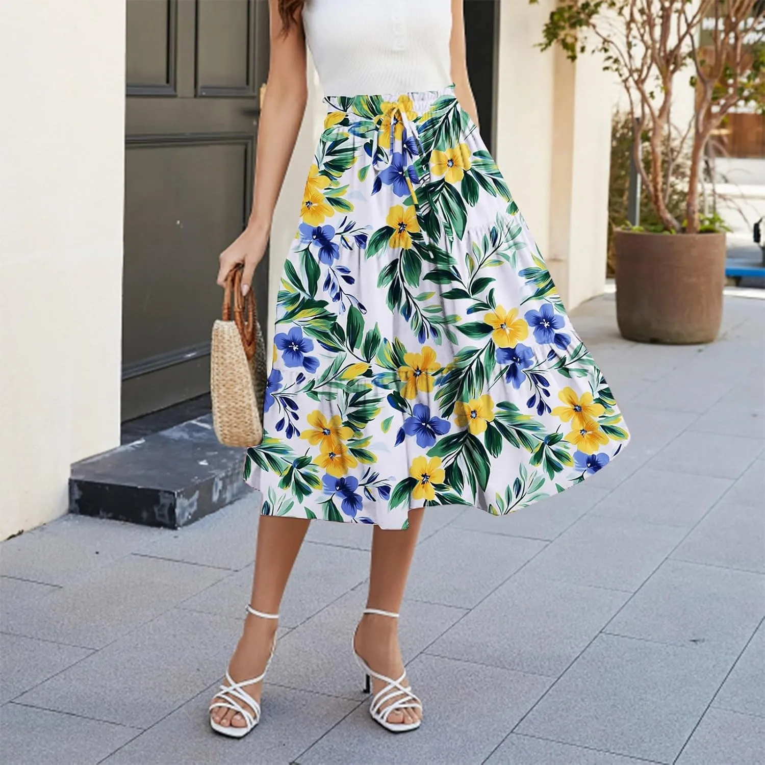ADHOWBEW Floral Maxi Skirt for Women Trendy Flowy Sexy Elastic Waist High Waist Cotton Bohemian Skirts