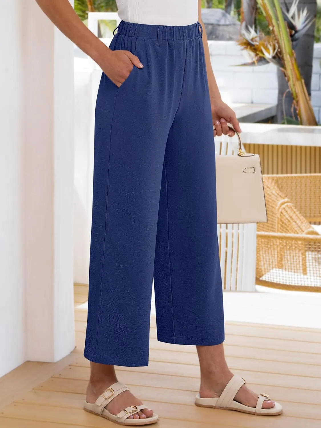 ANRABESS Wide Leg Pants for Women Summer Elastic Waist 2025 Casual Beach Vacation Cropped Palazzo Pants Trousers with Pocket