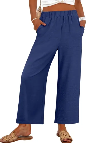ANRABESS Wide Leg Pants for Women Summer Elastic Waist 2025 Casual Beach Vacation Cropped Palazzo Pants Trousers with Pocket