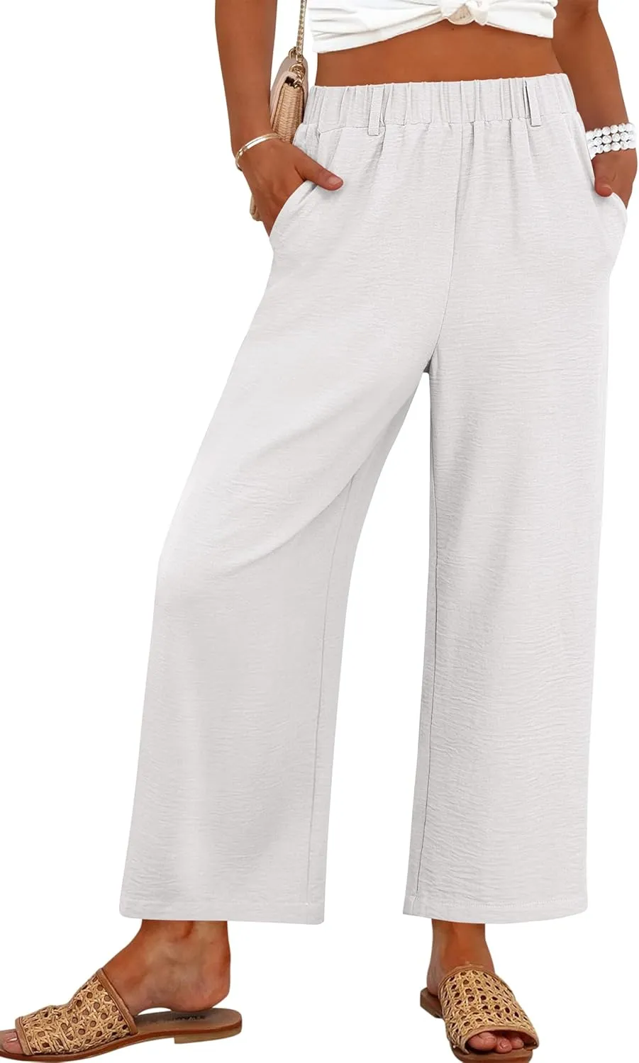 ANRABESS Wide Leg Pants for Women Summer Elastic Waist 2025 Casual Beach Vacation Cropped Palazzo Pants Trousers with Pocket
