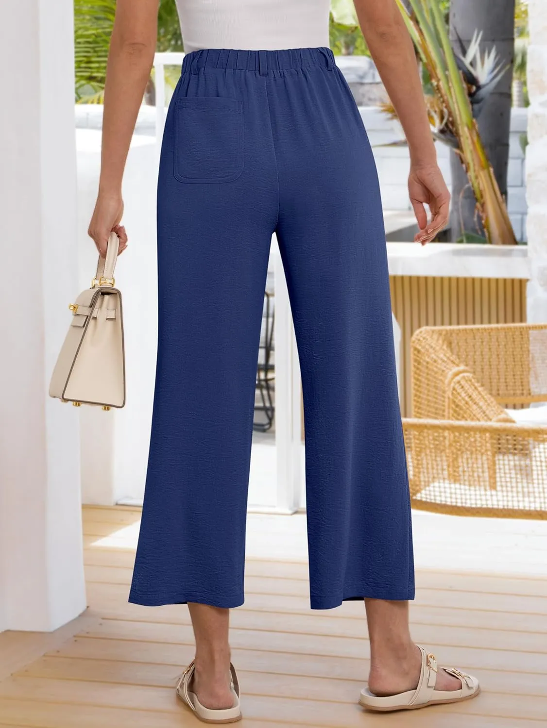 ANRABESS Wide Leg Pants for Women Summer Elastic Waist 2025 Casual Beach Vacation Cropped Palazzo Pants Trousers with Pocket