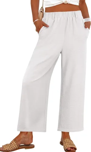 ANRABESS Wide Leg Pants for Women Summer Elastic Waist 2025 Casual Beach Vacation Cropped Palazzo Pants Trousers with Pocket