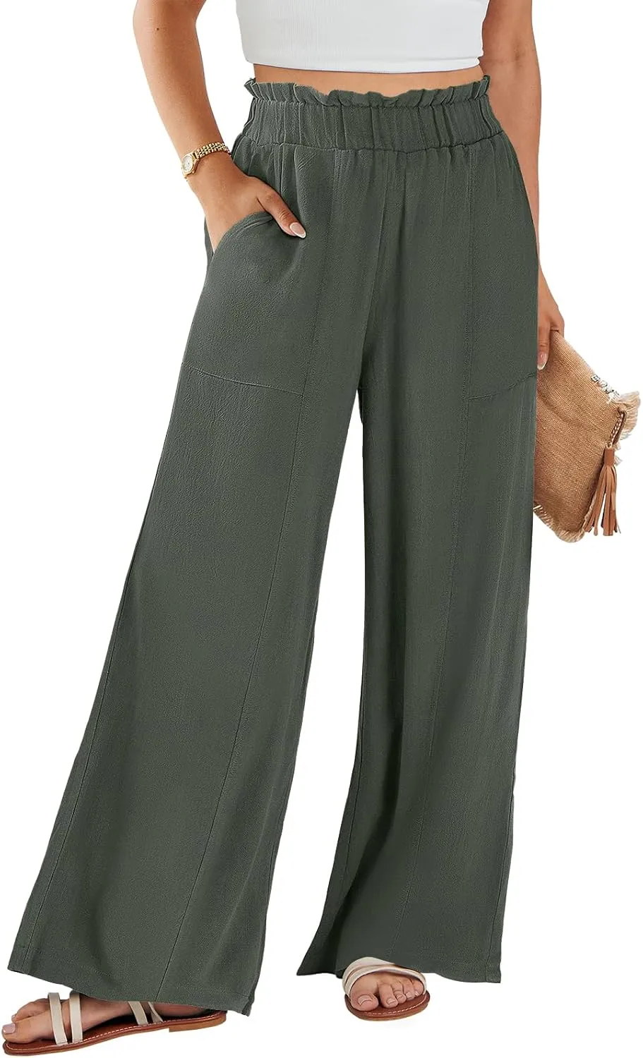 ANRABESS Womens Linen Pants 2025 Summer Casual Loose Wide Leg Palazzo Pants High Waist Flowy Beach Trousers Work Outfits