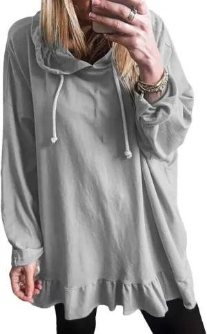 Apvirdy Women's Solid Sweatshirt Hooded Casual Ruffled Hem Peplum Loose Tunic Top Drawstring Long Sleeves Pullover Hoodies