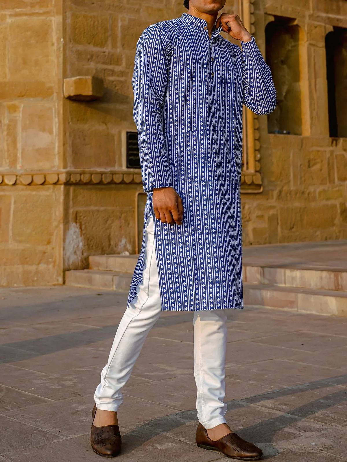 Argyle Hand-Block Kurta Blue