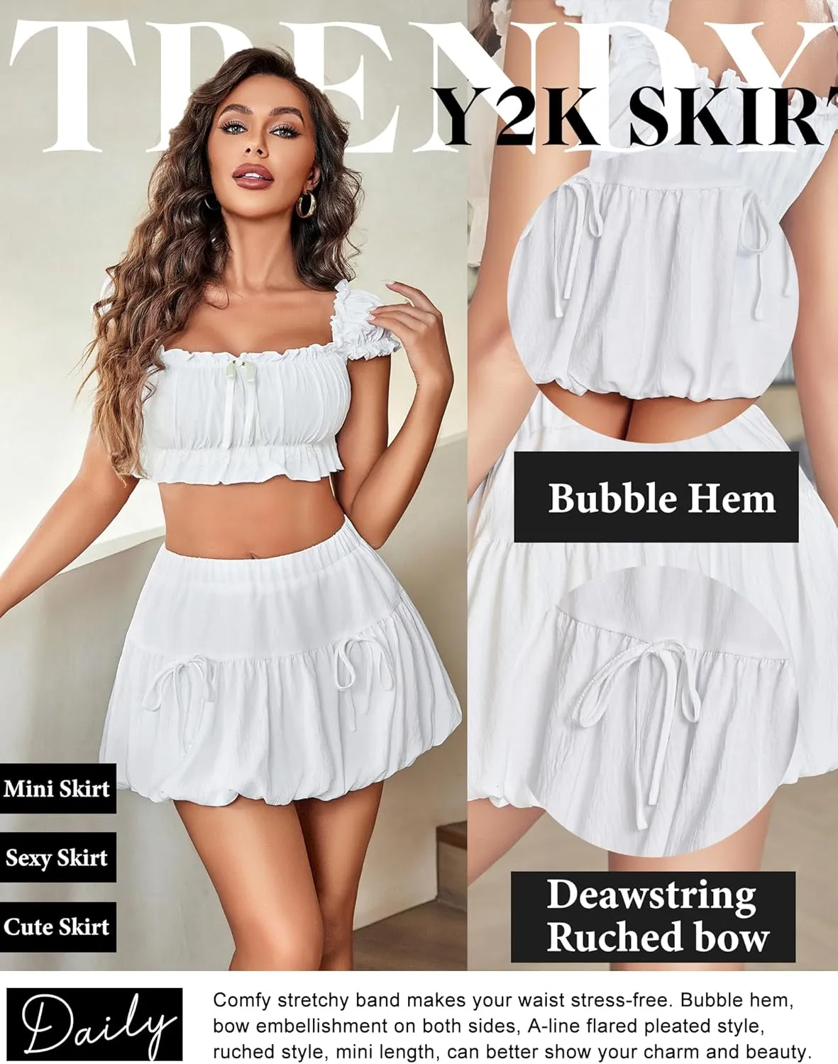 Avidlove Mini Skirt for Women Sexy Bubble Puffy Hem Y2K Elastic Waist A Line Basic Casual Skirts S-XXL