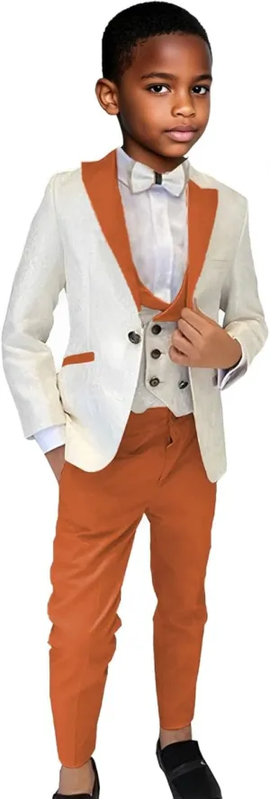 Boys Suit 3 Piece Slim Fit Tuxedo Suits for Boys Formal Wedding Suit Jacquard Blazer Vest Pants Set for Dinner Party Prom