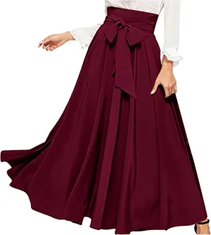 BTDECLAR Women's Elegant Flowy Long Skirts Trendy High Waisted Tie Front Pleated Swing Formal A Line Maxi Skirt Ankle Length