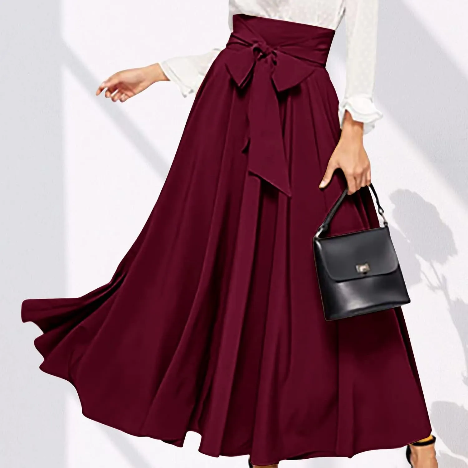 BTDECLAR Women's Elegant Flowy Long Skirts Trendy High Waisted Tie Front Pleated Swing Formal A Line Maxi Skirt Ankle Length
