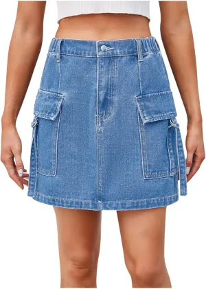Cargo Skirt for Women Stretchy High Waisted Denim Skirts A Line Bodycon Mini Skirt Casual Trendy Y2K Low Jean Skirt