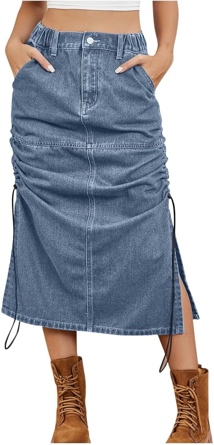 Cargo Skirts for Women with Pocket Midi Length Denim Skirt High Waisted Maxi Skirt Tie Split Jean Skirt Summer Skirts