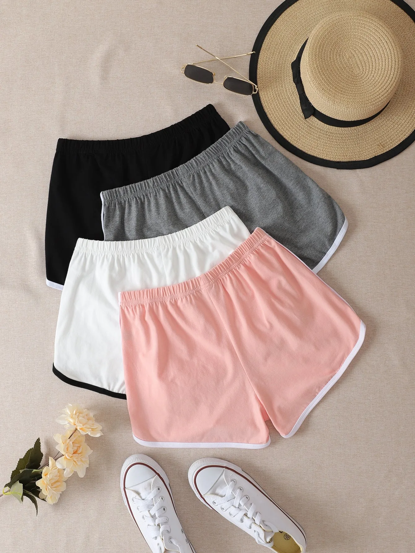 Casual Colorblock Contrast Binding Natural Women Shorts