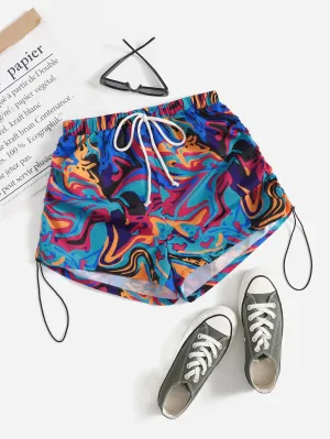 Casual Marble Tie Front Natural Women Shorts