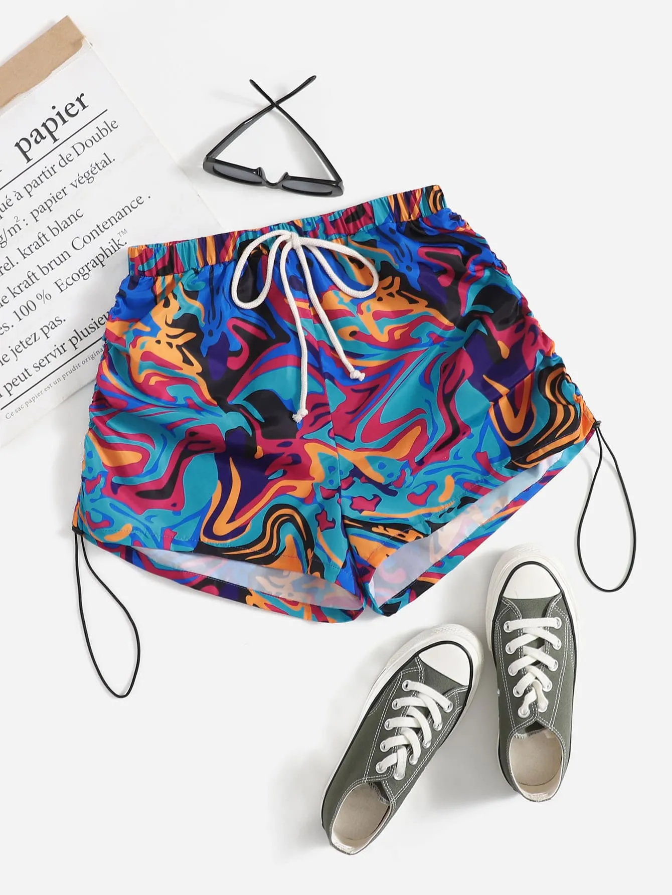 Casual Marble Tie Front Natural Women Shorts