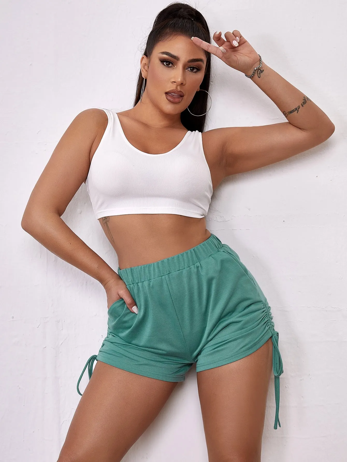 Casual Plain Ruched High Waist Women Shorts