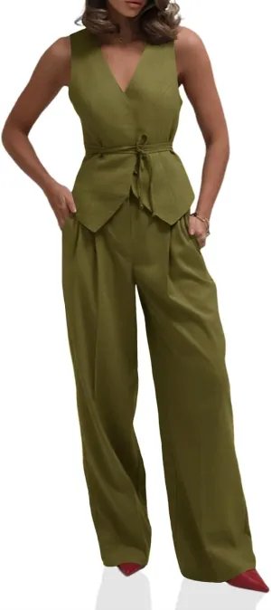 Cicy Bell Womens 2 Piece Outfits V Neck Tie Waist Blazer Vest and Wide Leg Business Casual Suit Pants Sets Army Green