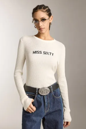 Crew Neck Wool Knit Top With Logo