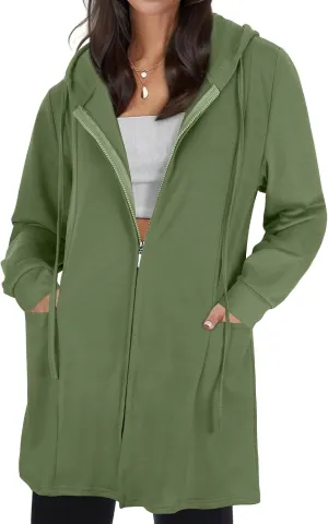 Cucuchy Style Womens Long Hoodies Casual Zip Up Tunic Sweatshirt Open Front Cardigan