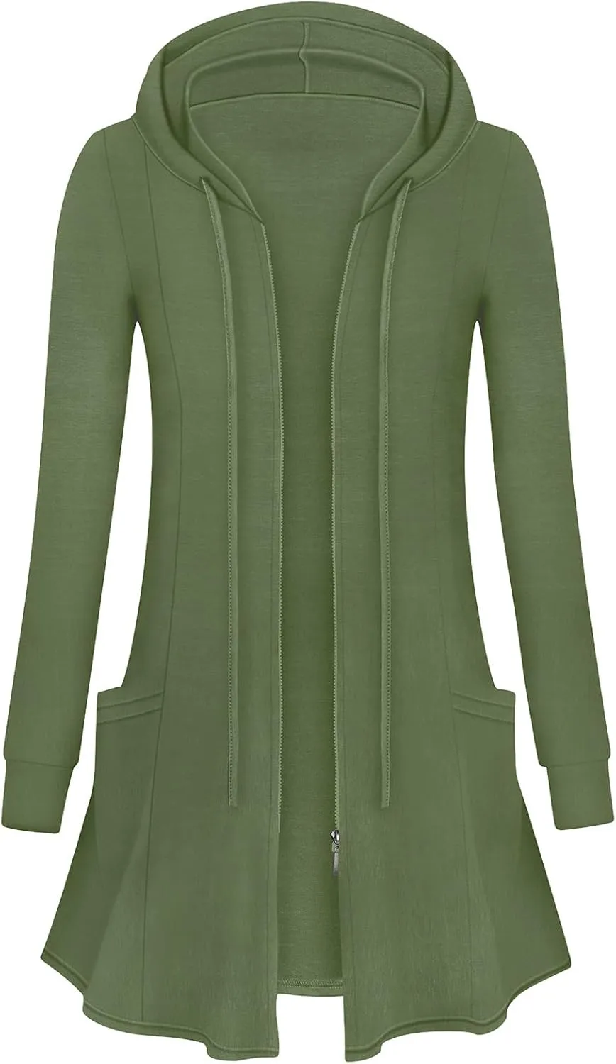 Cucuchy Style Womens Long Hoodies Casual Zip Up Tunic Sweatshirt Open Front Cardigan