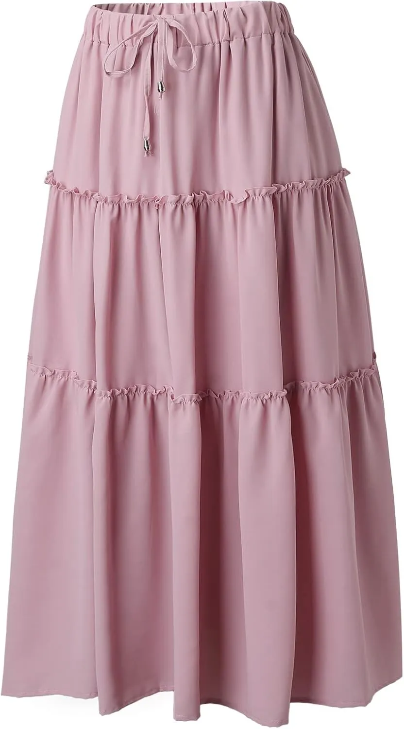 Drawstring Womens Skirt High Rise Ruched Skirts Ruffle Boho Pleated Waist Summer for Women 2023 Casual Cute Robe
