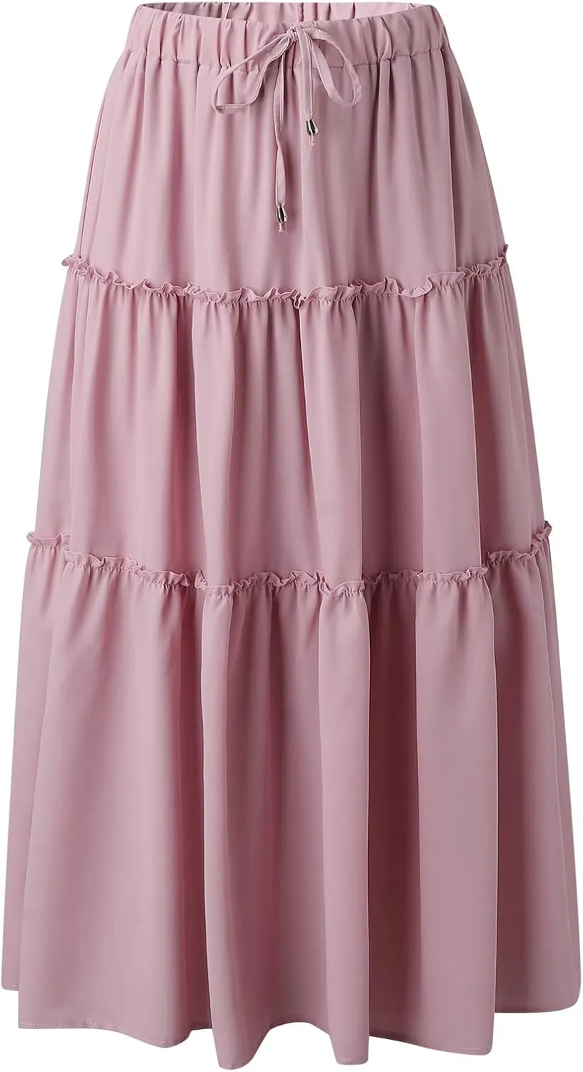 Drawstring Womens Skirt High Rise Ruched Skirts Ruffle Boho Pleated Waist Summer for Women 2023 Casual Cute Robe