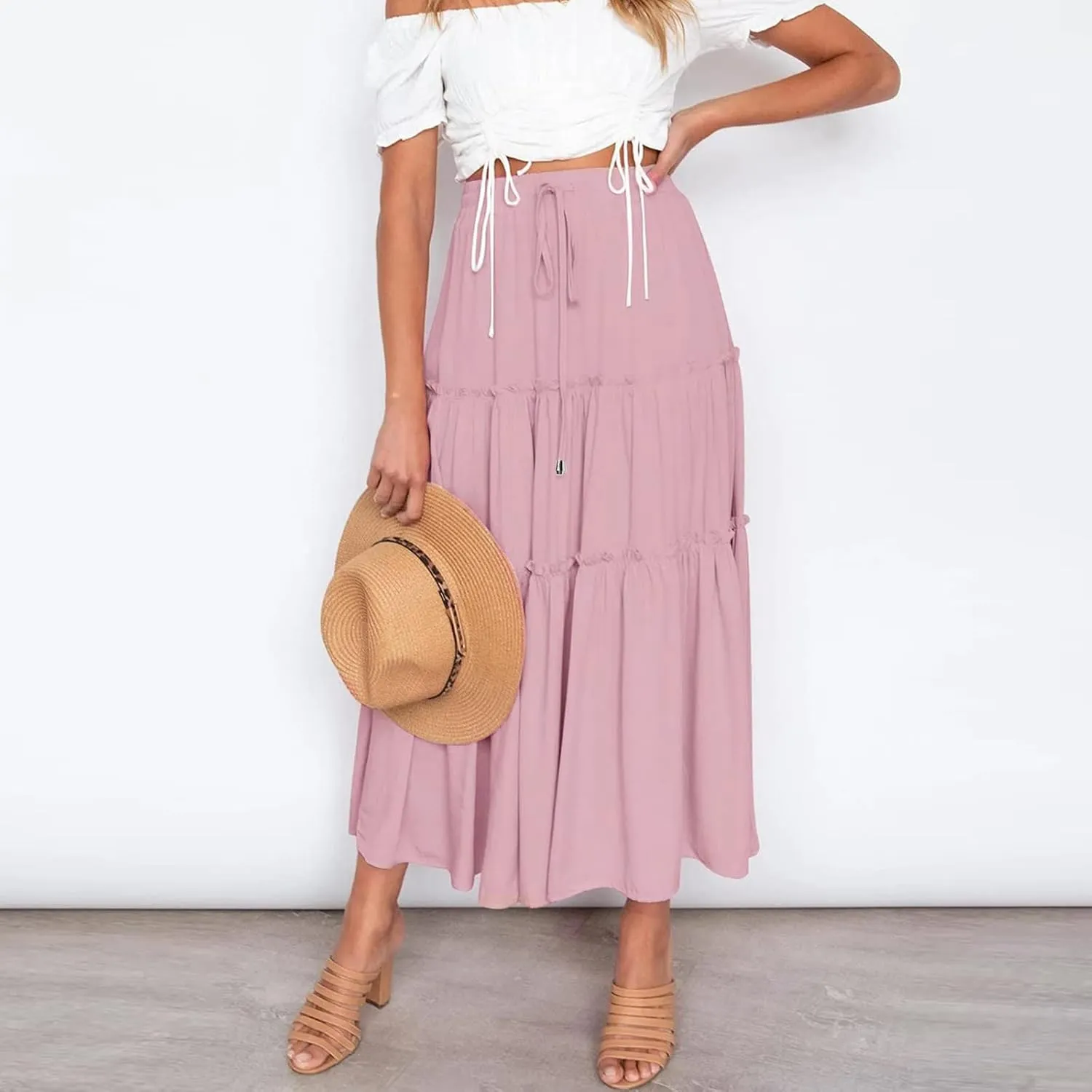 Drawstring Womens Skirt High Rise Ruched Skirts Ruffle Boho Pleated Waist Summer for Women 2023 Casual Cute Robe