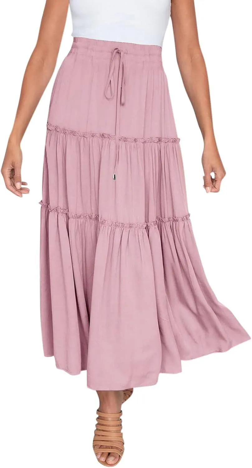 Drawstring Womens Skirt High Rise Ruched Skirts Ruffle Boho Pleated Waist Summer for Women 2023 Casual Cute Robe