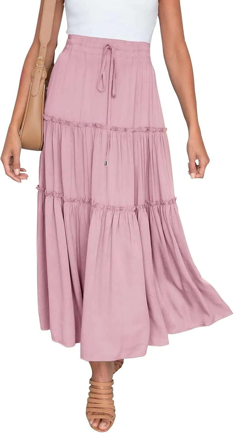 Drawstring Womens Skirt High Rise Ruched Skirts Ruffle Boho Pleated Waist Summer for Women 2023 Casual Cute Robe