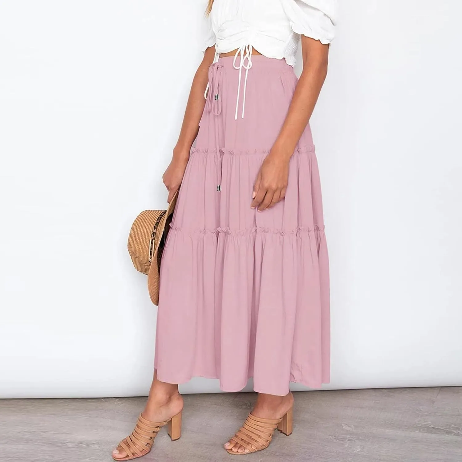 Drawstring Womens Skirt High Rise Ruched Skirts Ruffle Boho Pleated Waist Summer for Women 2023 Casual Cute Robe