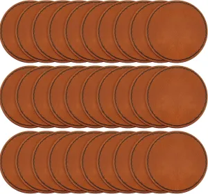 Dunzy 30 Pcs Blank Leather Hat Patches with Adhesive round Laserable Leatherette Patch Faux Leather Patches Glowforge Laser Supplies for Hats, Jackets, Backpacks (Brown)