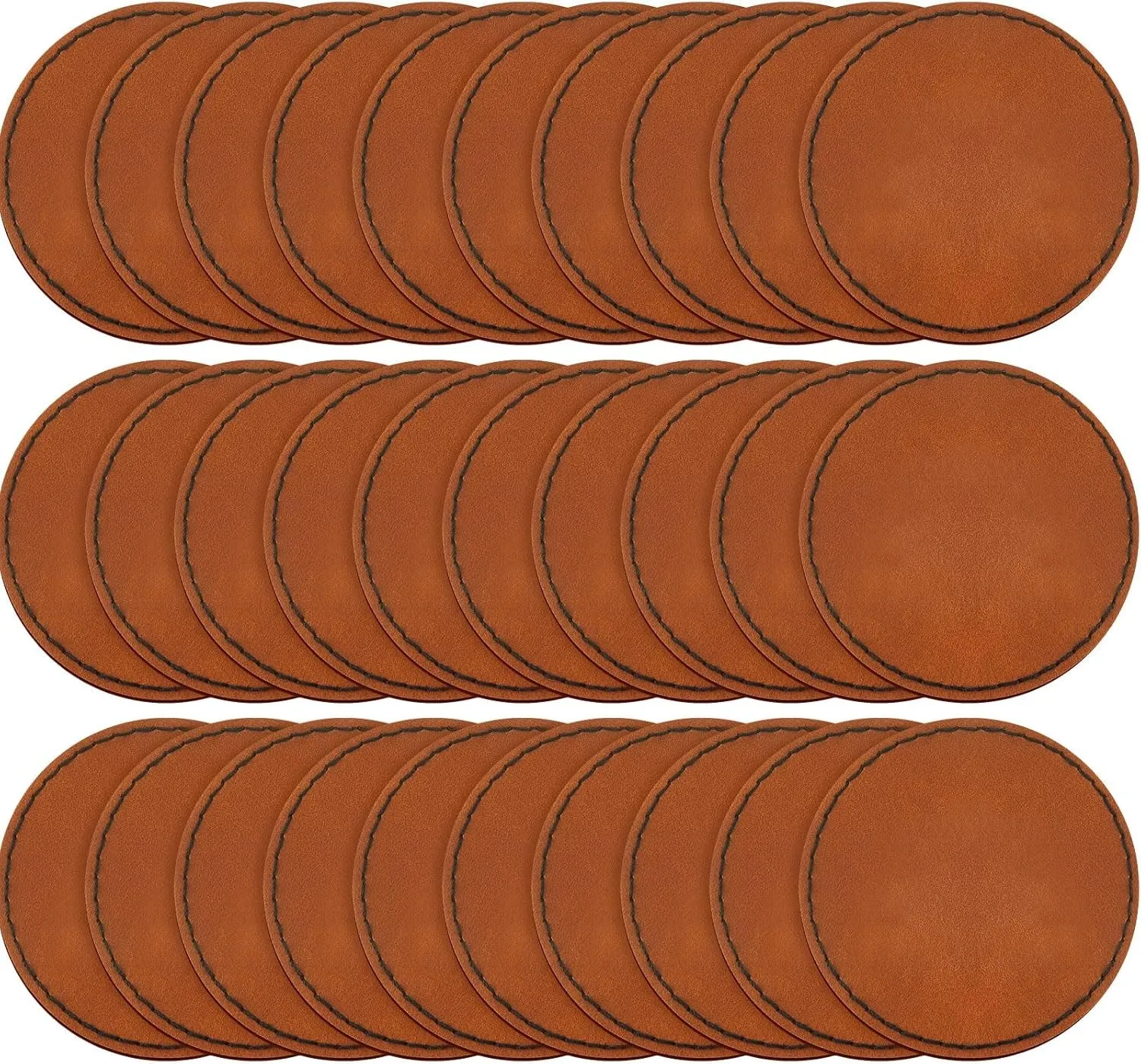 Dunzy 30 Pcs Blank Leather Hat Patches with Adhesive round Laserable Leatherette Patch Faux Leather Patches Glowforge Laser Supplies for Hats, Jackets, Backpacks (Brown)