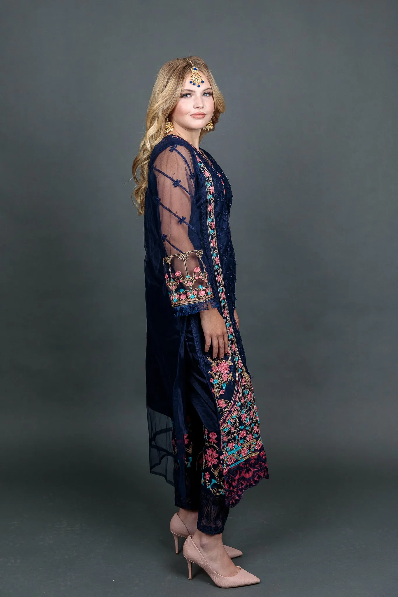Fancy Heavy Embroidered Navy Blue With Ankle Pants Suit