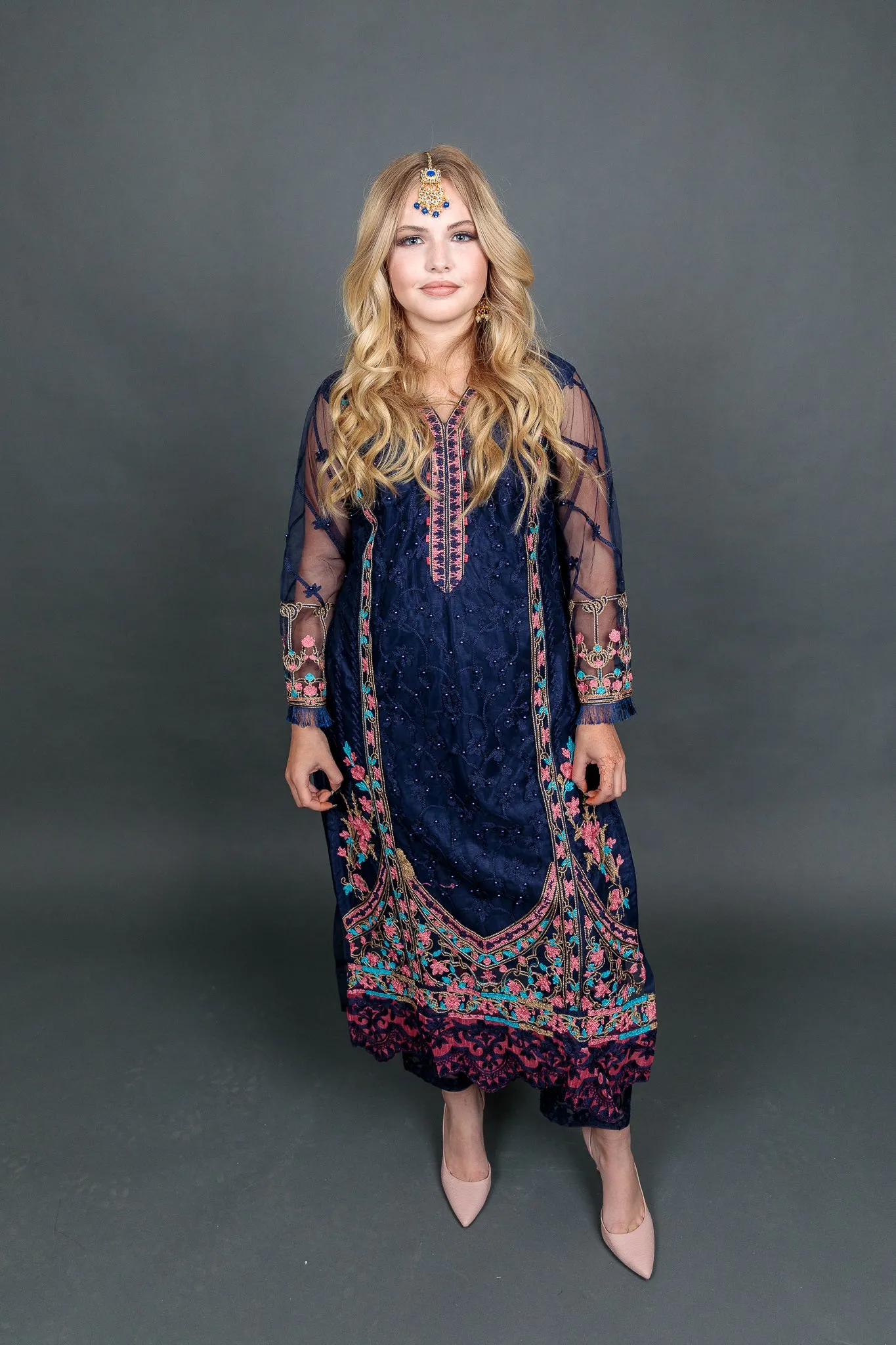 Fancy Heavy Embroidered Navy Blue With Ankle Pants Suit