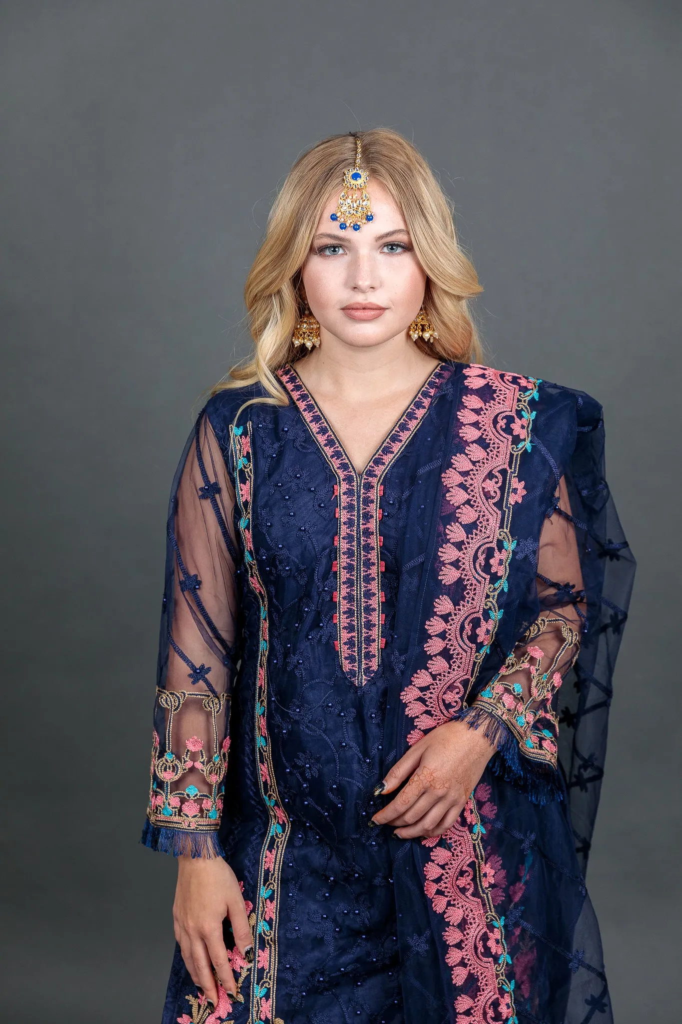 Fancy Heavy Embroidered Navy Blue With Ankle Pants Suit