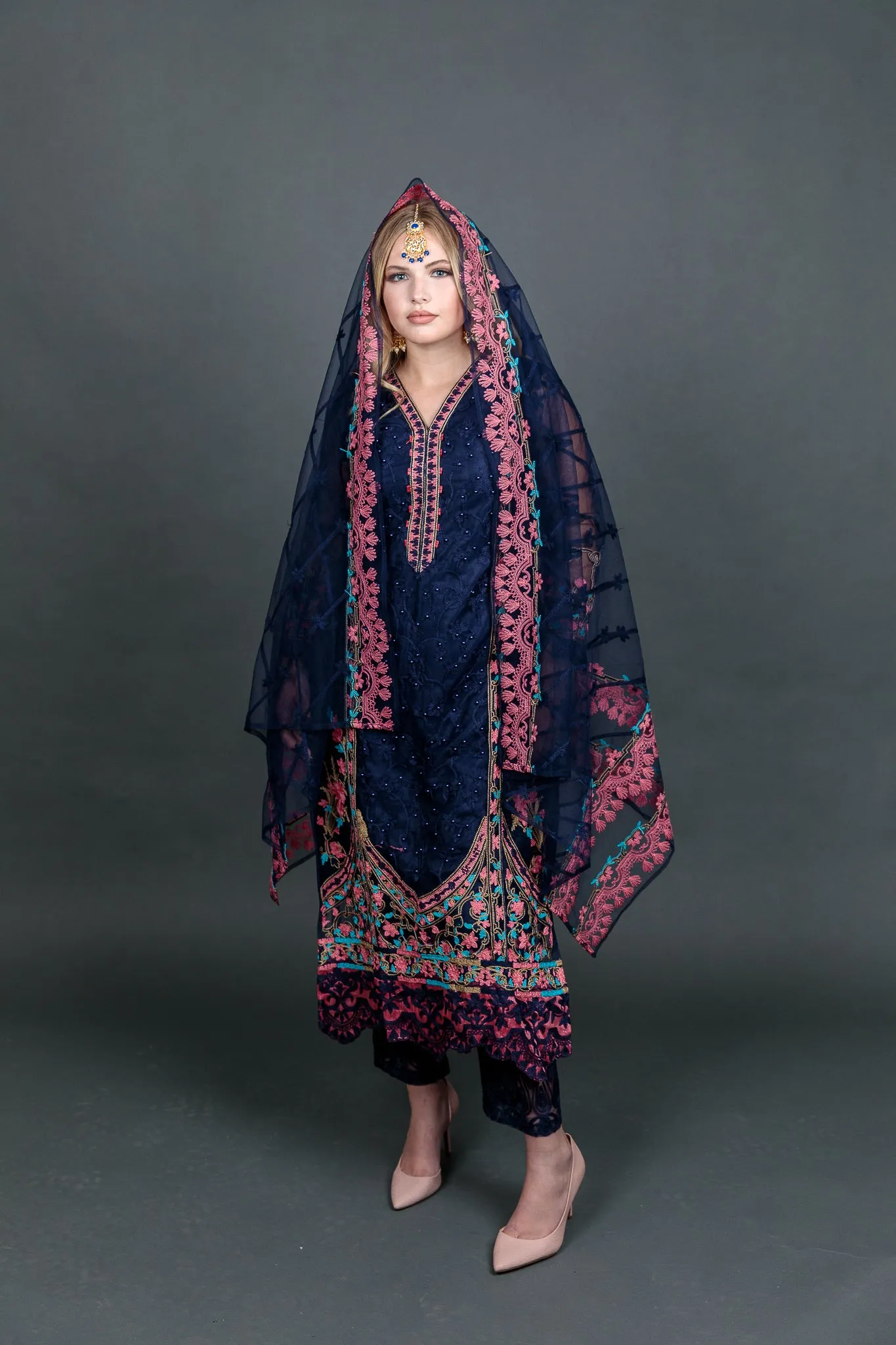 Fancy Heavy Embroidered Navy Blue With Ankle Pants Suit