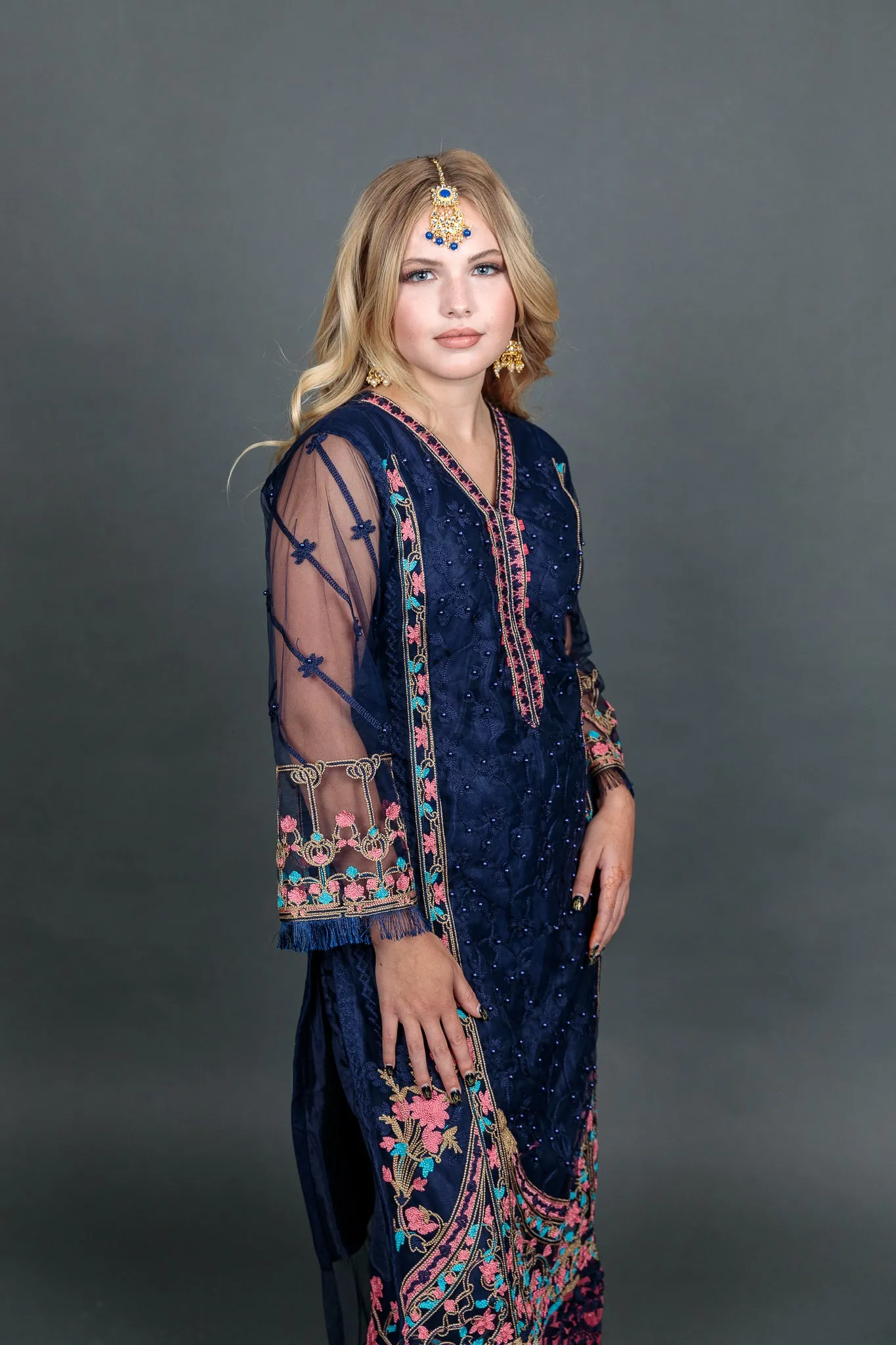 Fancy Heavy Embroidered Navy Blue With Ankle Pants Suit