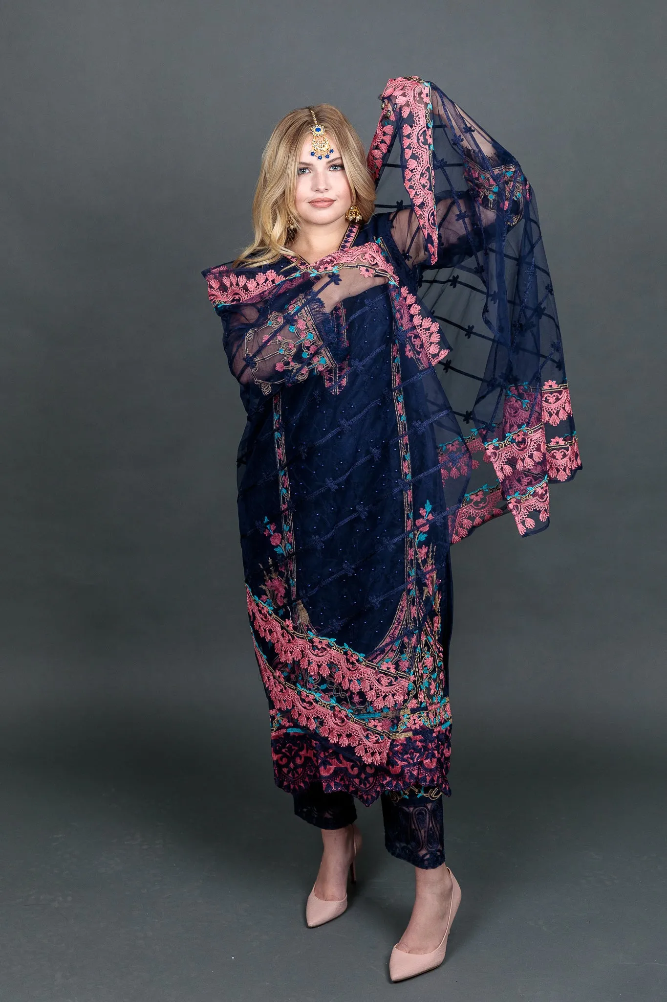 Fancy Heavy Embroidered Navy Blue With Ankle Pants Suit