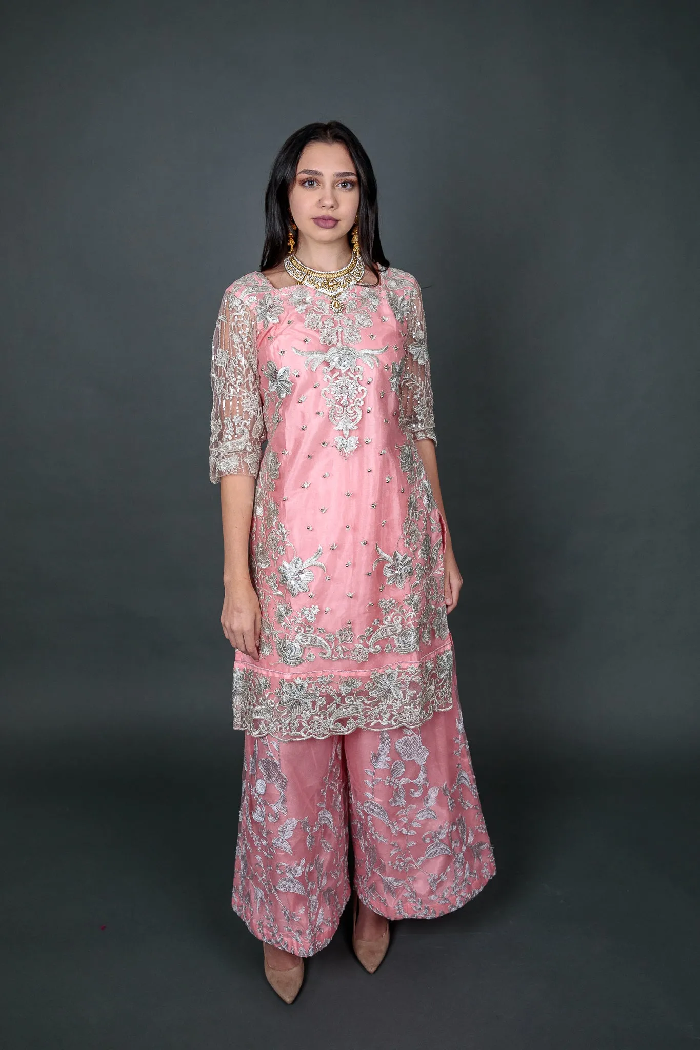 Fancy Silk Heavy Embroidered Light Baby Pink Sharara Suit