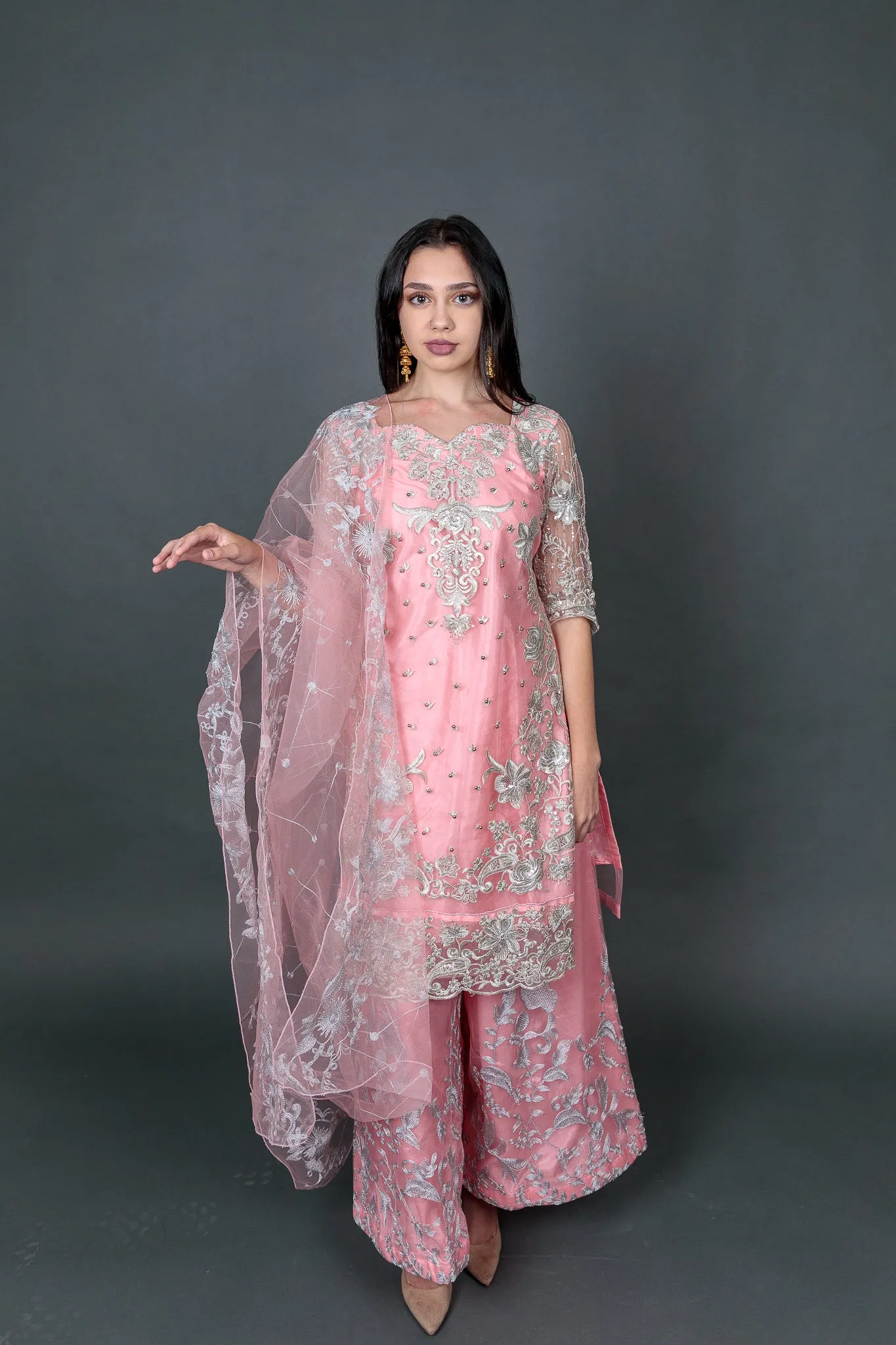 Fancy Silk Heavy Embroidered Light Baby Pink Sharara Suit