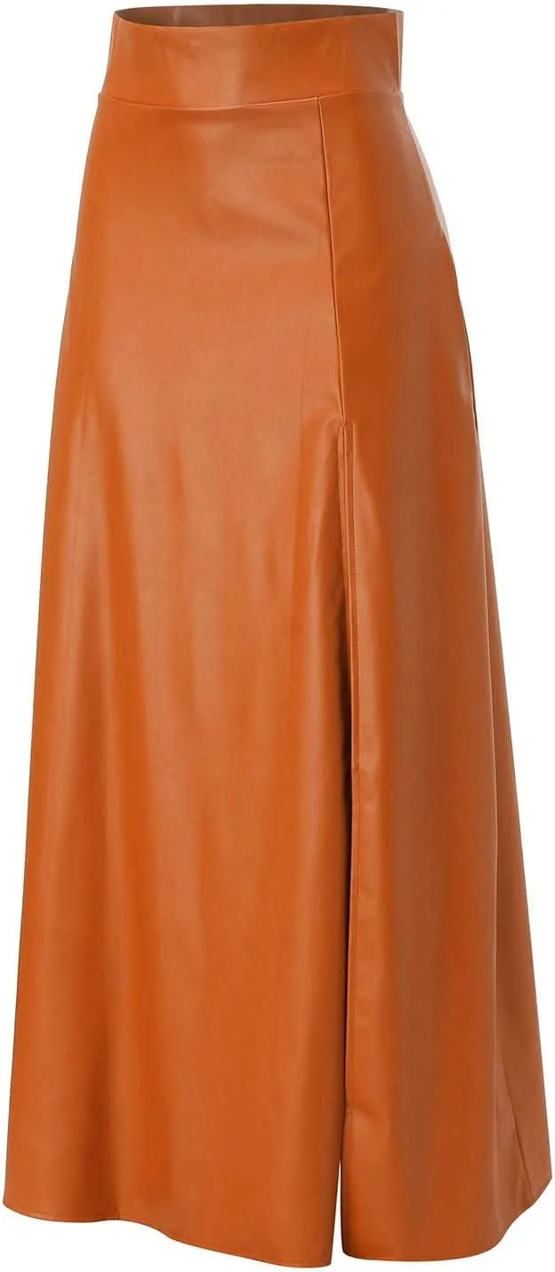 Faux Leather Skirts Women's High Waist Split A-Line Maxi Skirts Pocket Zipper Solid Casual Long Swing Skirt