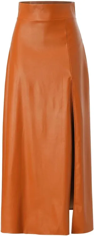 Faux Leather Skirts Women's High Waist Split A-Line Maxi Skirts Pocket Zipper Solid Casual Long Swing Skirt