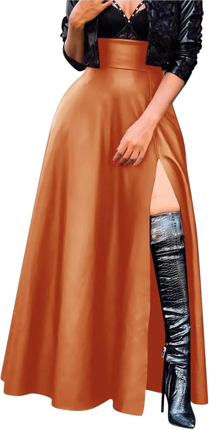 Faux Leather Skirts Women's High Waist Split A-Line Maxi Skirts Pocket Zipper Solid Casual Long Swing Skirt