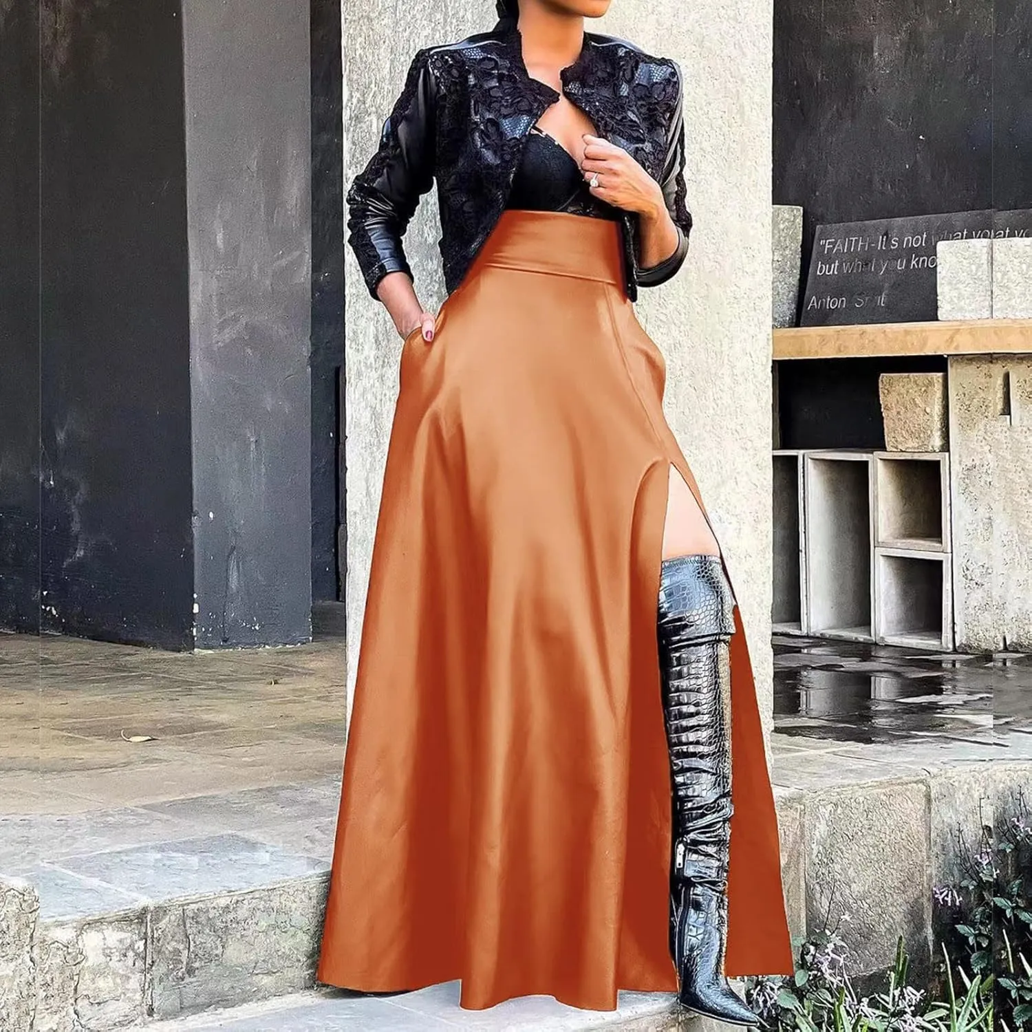 Faux Leather Skirts Women's High Waist Split A-Line Maxi Skirts Pocket Zipper Solid Casual Long Swing Skirt