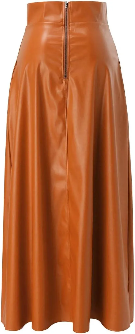 Faux Leather Skirts Women's High Waist Split A-Line Maxi Skirts Pocket Zipper Solid Casual Long Swing Skirt